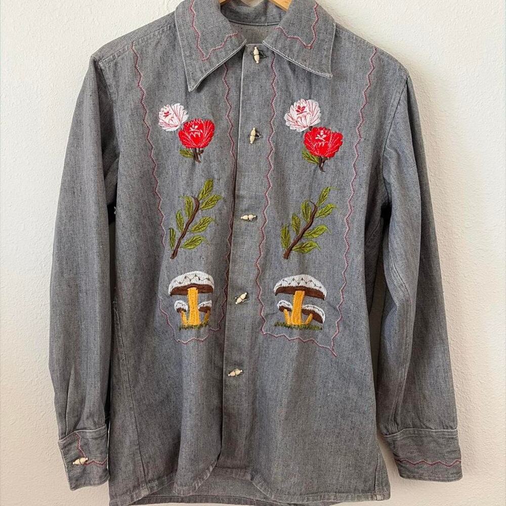 70s vintage embroidered cotton floral shirt